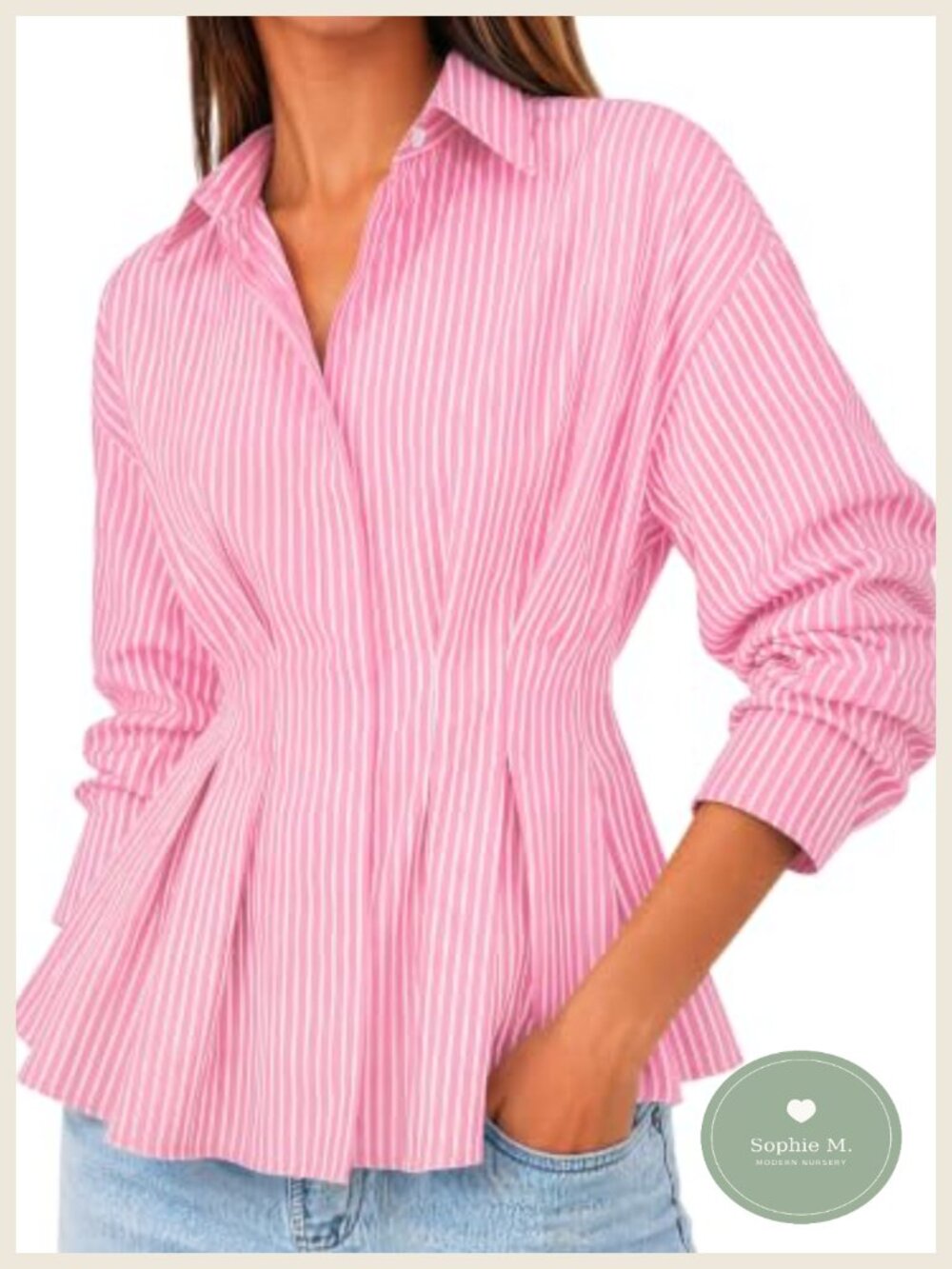 Striped Peplum Button Down Blouse Pleated Business Casual Long Sleeve